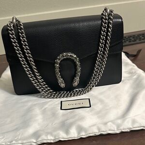 Gucci Black Leather Bag with Silver Chain